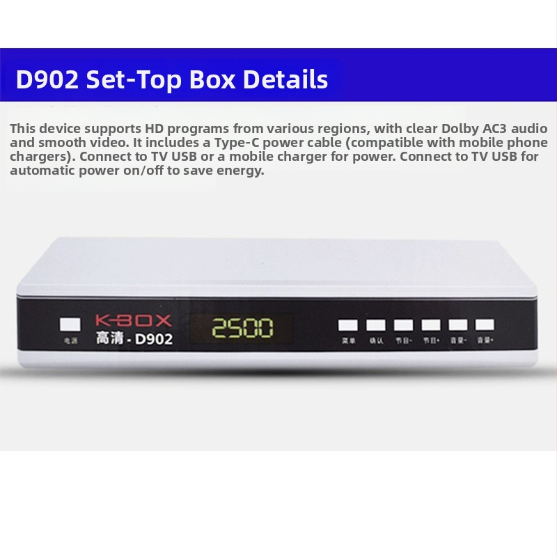 Kaiboshi D902 DTMB zemaljski digitalni TV set-top box, AV/Audio/Video sučelje, težina 0,4 kg, datum izlaska na tržište 2022-03-02