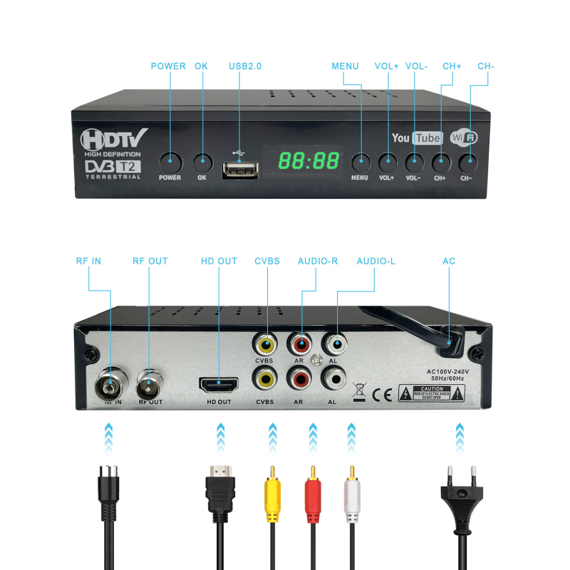 DVB-T2 WiFi Digitalni TV set-top kutija, 1080p, 500GB skladište, USB/HDMI/AV