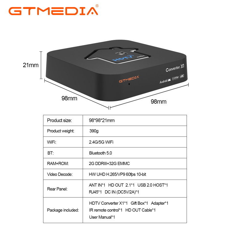 Android box Converter X1 — GTMEDIA, 2GB RAM, USB/HDMI/optičko vlakno, Shenzhen podrijetlo, izdanje 2024