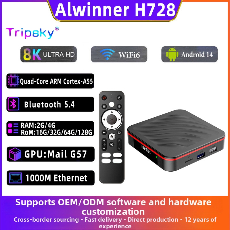 Android 14 TV box s procesorom H728, 2GB RAM, vnútorné úložisko 16/32/64/128GB, 4K výstup, 8K@24fps dekódovanie