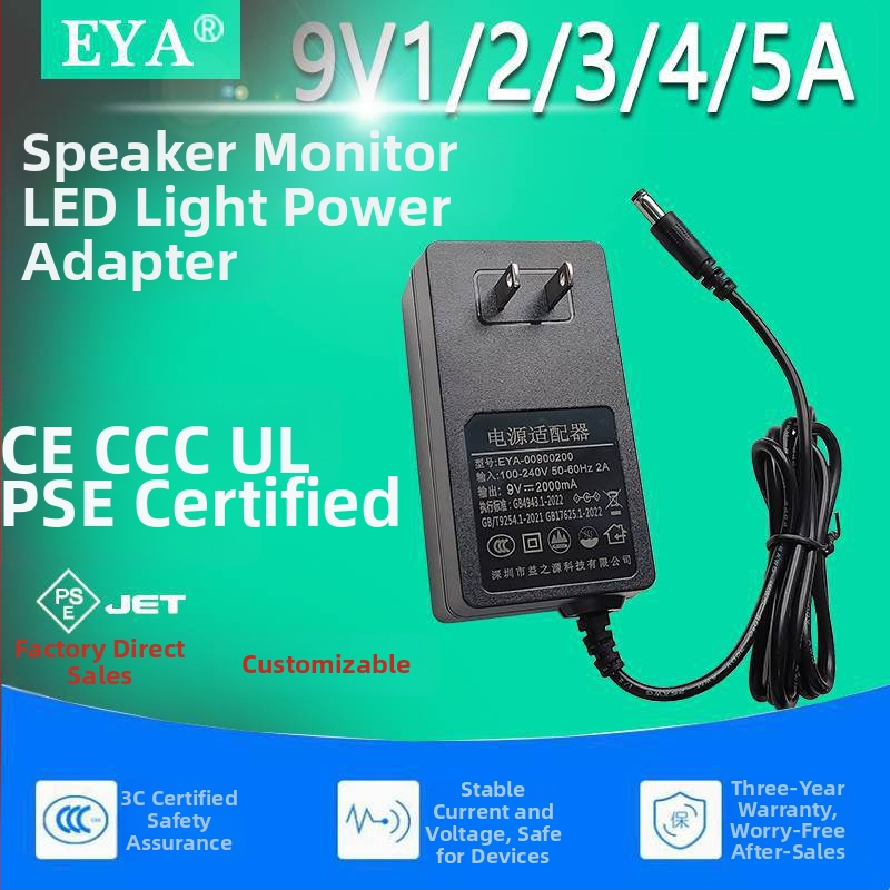 3C certifikovaný 9V napájací adaptér pre LCD TV, displeje, set-top boxy a LED pásy – výstup 1A–5A s nastaviteľnou kapacitou