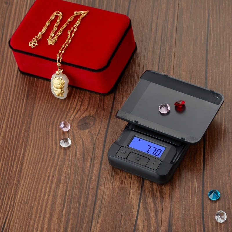 HT-8161 електронна джобна везна за бижута, диапазон 100 г–500 г, резолюция 0,01–0,1 г, захранване 2×AAA батерии