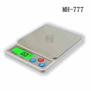 Кухненска електронна везна MH-777 с висока прецизност; диапазони на измерване: 6kg×0.1g, 600g×0.01g, 1kg×0.01g и 3kg×0.01g; електронно измерване; захранване с две AAA батерии