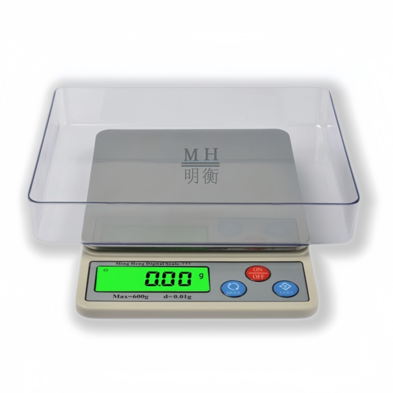 Кухненска електронна везна MH-777 с висока прецизност; диапазони на измерване: 6kg×0.1g, 600g×0.01g, 1kg×0.01g и 3kg×0.01g; електронно измерване; захранване с две AAA батерии