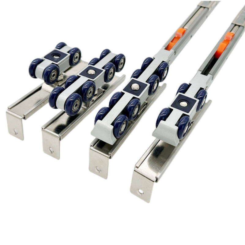 Kétirányú csendes töltős görgő tolóajtókhoz hidraulikus csillapítással — Anyagok: cinkötvözet, nylon, rozsdamentes acél; Alkalmas tömörfa ajtókhoz, rozsdamentes acél keretű ajtókhoz, konyhai és gardrób ajtókhoz