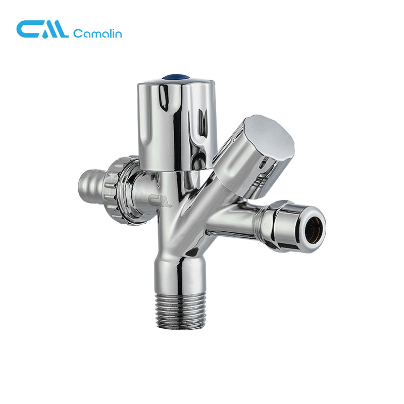 Mosógéphez kapcsoló csap kettős kimenettel és háromutas szeleppel, sárgarézből, modell Cml2430, alkalmas mosógéphez, WC-hez, vízmelegítőhöz és víztisztítóhoz