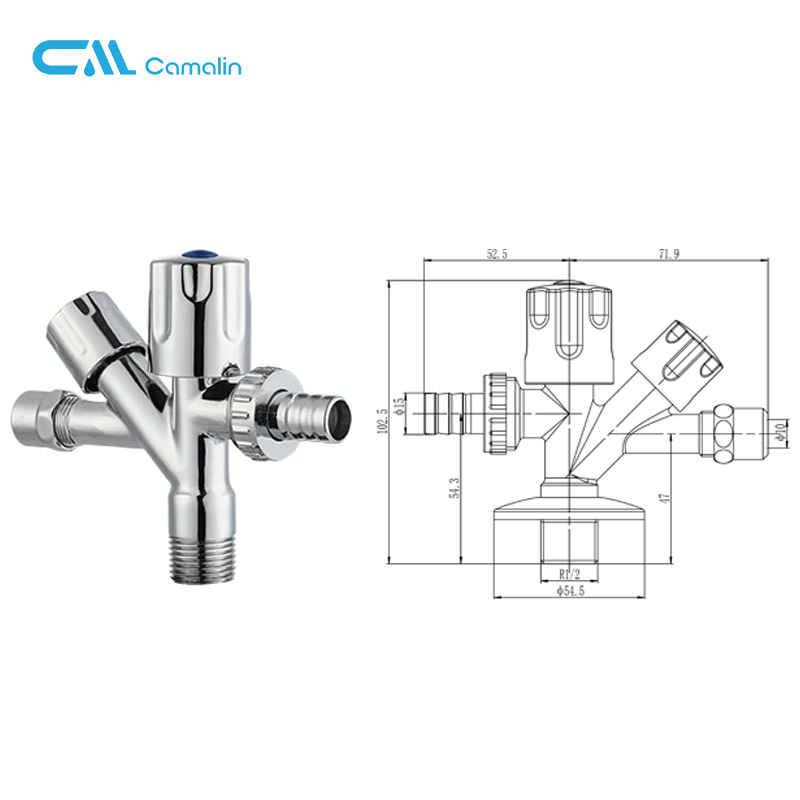 Mosógéphez kapcsoló csap kettős kimenettel és háromutas szeleppel, sárgarézből, modell Cml2430, alkalmas mosógéphez, WC-hez, vízmelegítőhöz és víztisztítóhoz