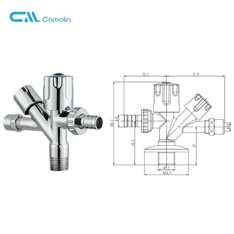 Mosógéphez kapcsoló csap kettős kimenettel és háromutas szeleppel, sárgarézből, modell Cml2430, alkalmas mosógéphez, WC-hez, vízmelegítőhöz és víztisztítóhoz