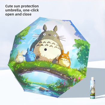 Totoro umbrelă pentru soare și ploaie, deschidere/închidere automată, cadru din oțel, 8 spițe, material 190T, protecție UV UPF 50+, stil desen animat