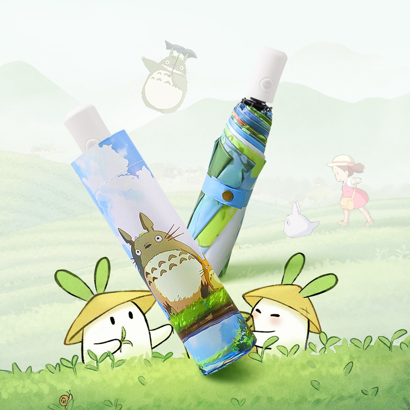 Totoro umbrelă pentru soare și ploaie, deschidere/închidere automată, cadru din oțel, 8 spițe, material 190T, protecție UV UPF 50+, stil desen animat