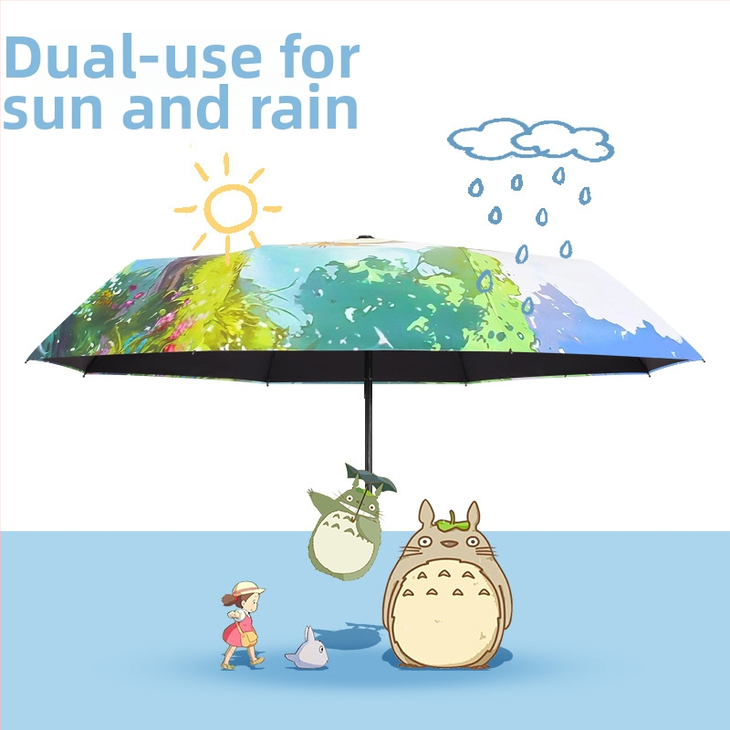 Totoro umbrelă pentru soare și ploaie, deschidere/închidere automată, cadru din oțel, 8 spițe, material 190T, protecție UV UPF 50+, stil desen animat