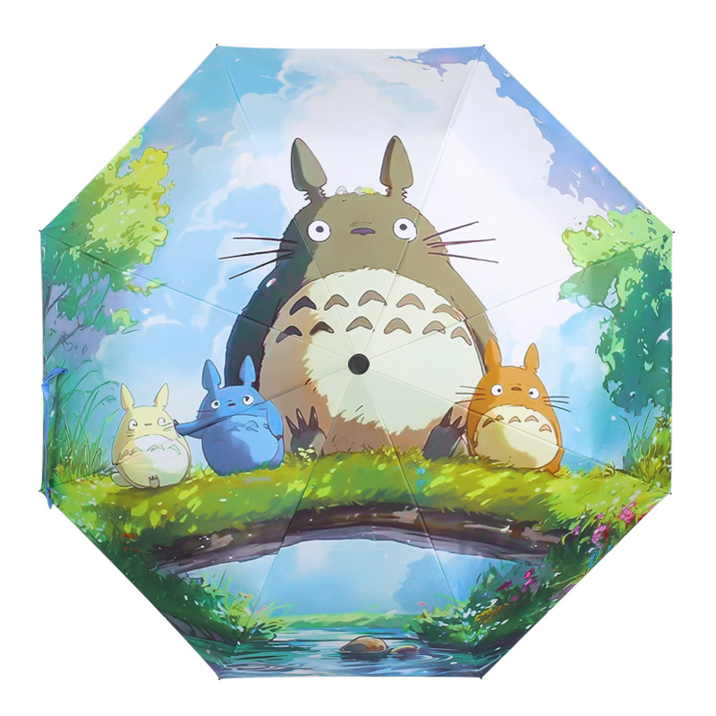 Totoro umbrelă pentru soare și ploaie, deschidere/închidere automată, cadru din oțel, 8 spițe, material 190T, protecție UV UPF 50+, stil desen animat