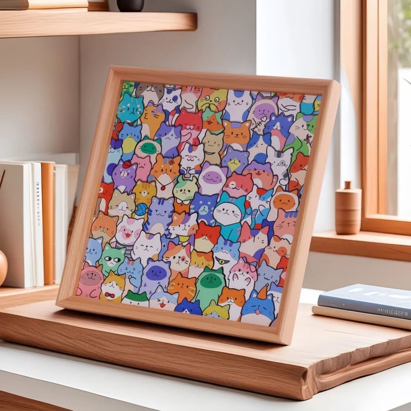 Drveni DIY 3D puzzle s foto okvirom – neobični oblici blokova, ručno oslikan motiv mačke, za djecu 4–6 godina.