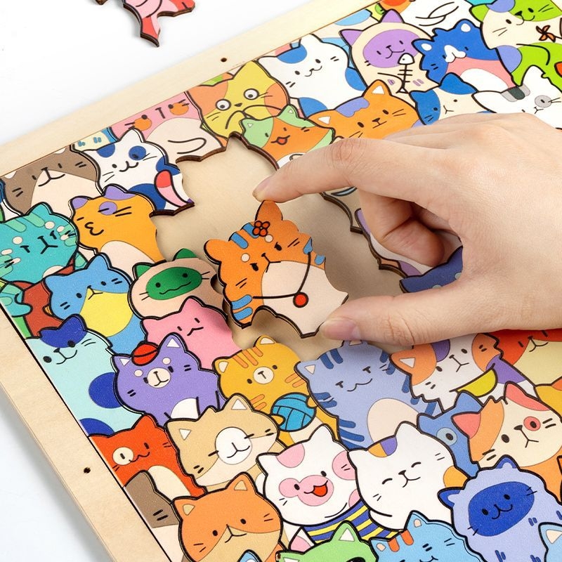 Drveni DIY 3D puzzle s foto okvirom – neobični oblici blokova, ručno oslikan motiv mačke, za djecu 4–6 godina.