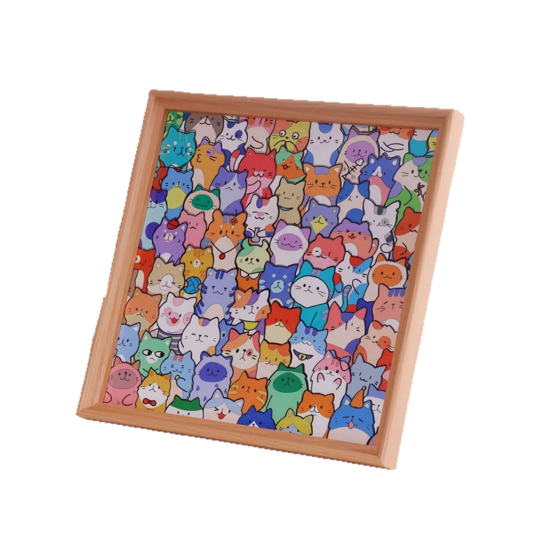 Drveni DIY 3D puzzle s foto okvirom – neobični oblici blokova, ručno oslikan motiv mačke, za djecu 4–6 godina.