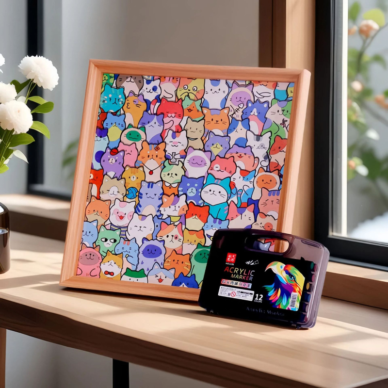 Drveni DIY 3D puzzle s foto okvirom – neobični oblici blokova, ručno oslikan motiv mačke, za djecu 4–6 godina.