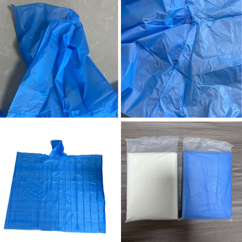 Poncho de ploaie PLA biodegradabil; material PLA+amidon de porumb+PBAT; grosime a țesăturii 0,02 mm; greutate 60 g; destinat adulților; poncho pentru drumeții