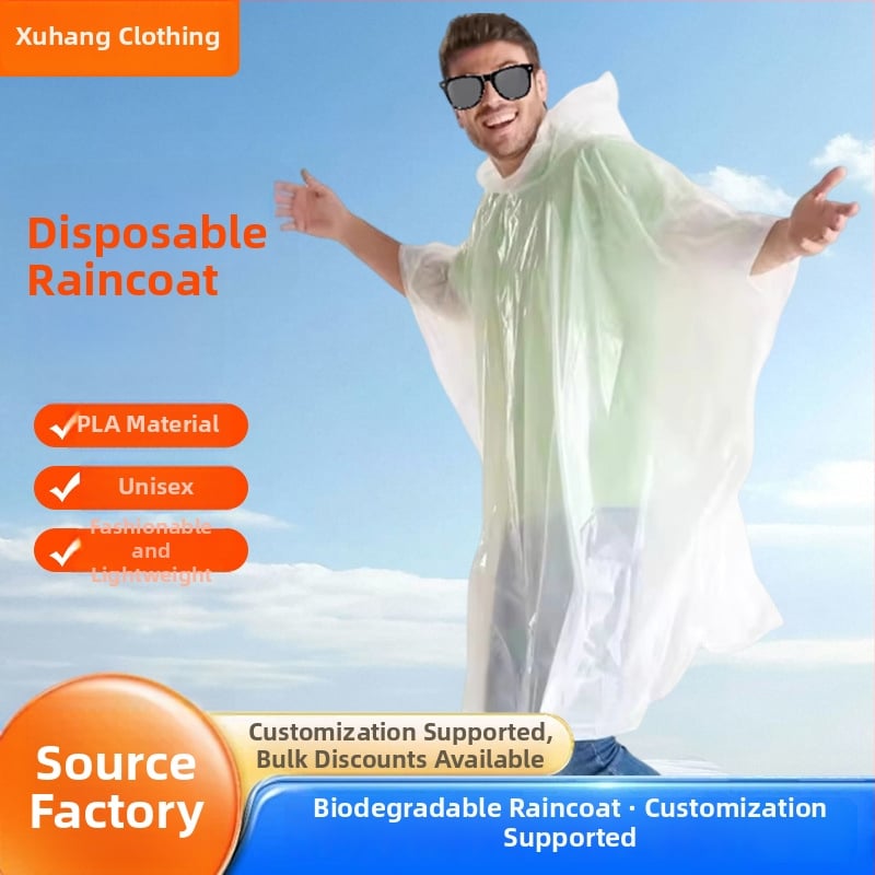 Poncho de ploaie PLA biodegradabil; material PLA+amidon de porumb+PBAT; grosime a țesăturii 0,02 mm; greutate 60 g; destinat adulților; poncho pentru drumeții