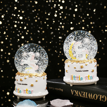 Glazbena kutija Moon Rainbow Series, svjetleća kugla od kristala u obliku pahulje s jednorogom, bojana smola, crtani stil