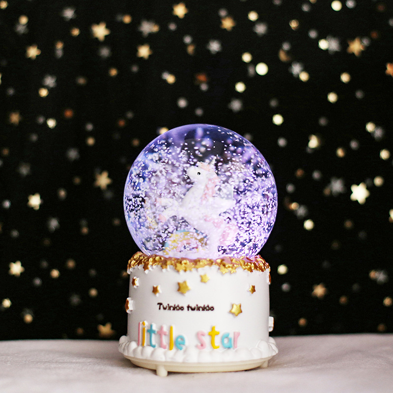 Glazbena kutija Moon Rainbow Series, svjetleća kugla od kristala u obliku pahulje s jednorogom, bojana smola, crtani stil