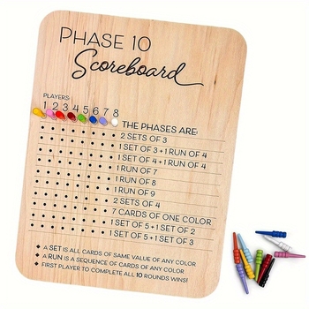 Phase 10 Tablica bodova – drvena ploča za brojanje rundi, Party igra Phase 10, 14+