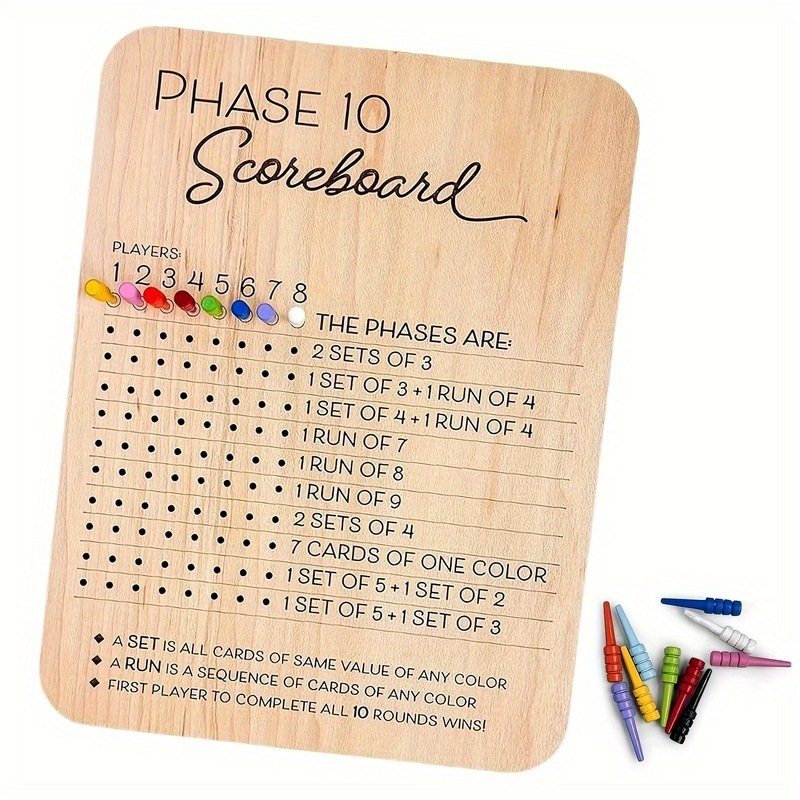 Phase 10 Tablica bodova – drvena ploča za brojanje rundi, Party igra Phase 10, 14+