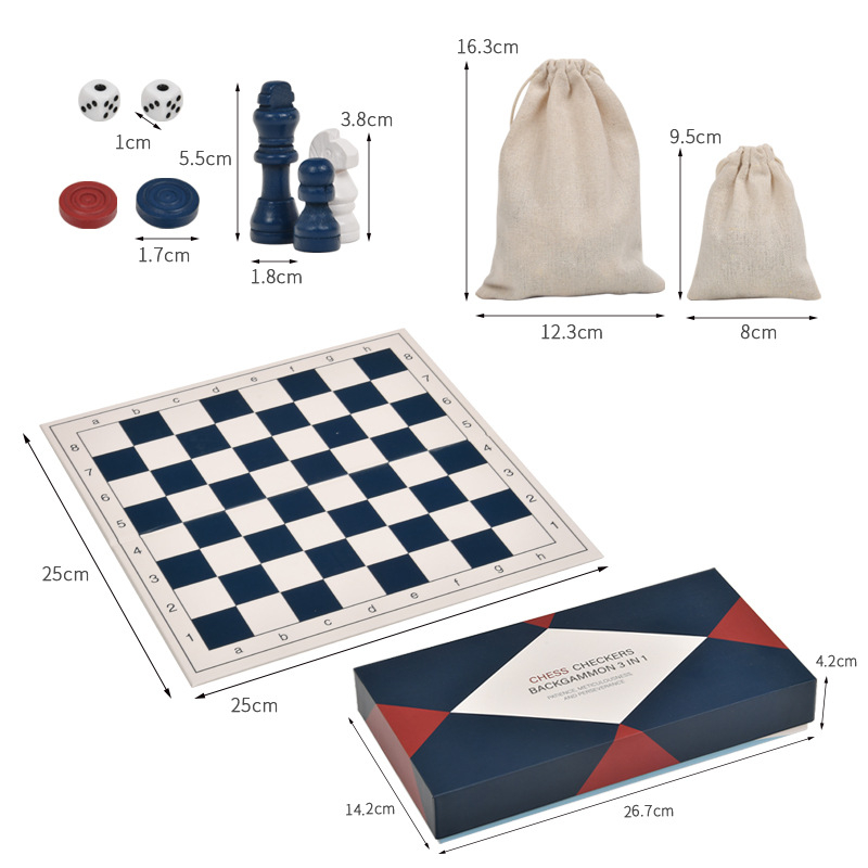 Chess Guard Τριών-σε-Ένα Πτυσσόμενο Ξύλινο Σετ Ταμπλό Σκακιού, Ντάμα, Τάβλι με 2,2-ίντσες Μη Μαγνητικά Πιόνια