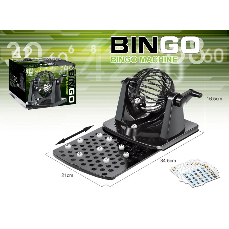 Bingo stroj s 75 kuglica, rotirajući kavez, 20 kartica, društvena igra, interakcija dvaju igrača