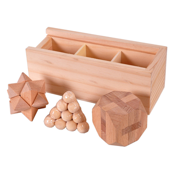 Ξύλινο παζλ Kong Ming/Luban Lock – Τριμελής σετ σε ξύλινο κουτί, Πυραμίδα Δία και 14-όψεος Πολυέδρος, για ηλικίες 7–14