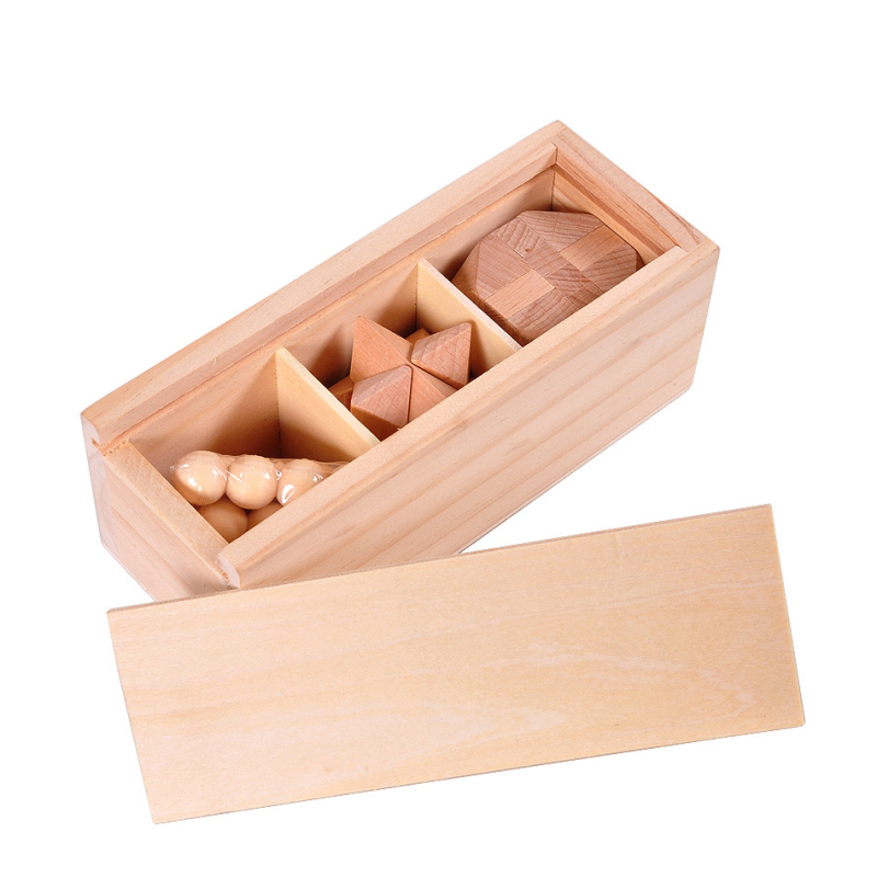 Ξύλινο παζλ Kong Ming/Luban Lock – Τριμελής σετ σε ξύλινο κουτί, Πυραμίδα Δία και 14-όψεος Πολυέδρος, για ηλικίες 7–14