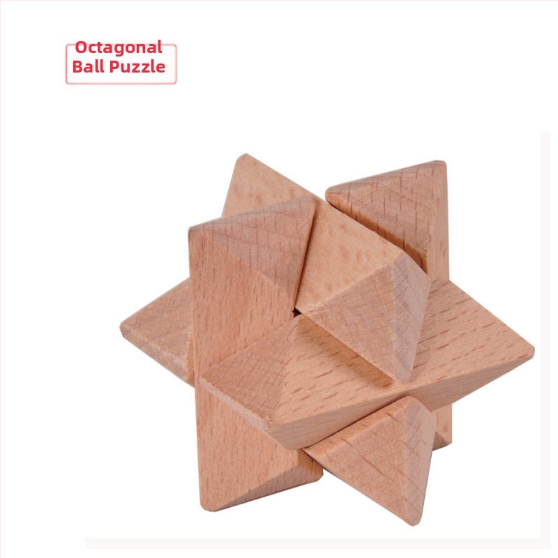 Ξύλινο παζλ Kong Ming/Luban Lock – Τριμελής σετ σε ξύλινο κουτί, Πυραμίδα Δία και 14-όψεος Πολυέδρος, για ηλικίες 7–14