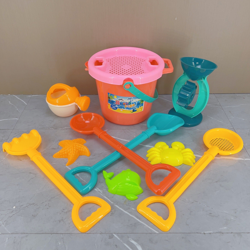 Gyerekeknek szóló tengerparti homokozó játék készlet, 11 darab, ásó- és homokozó eszközök, Szülő-gyerek játék; Anyag: PP; 4–6 éveseknek; Csomagolás: mesh táska