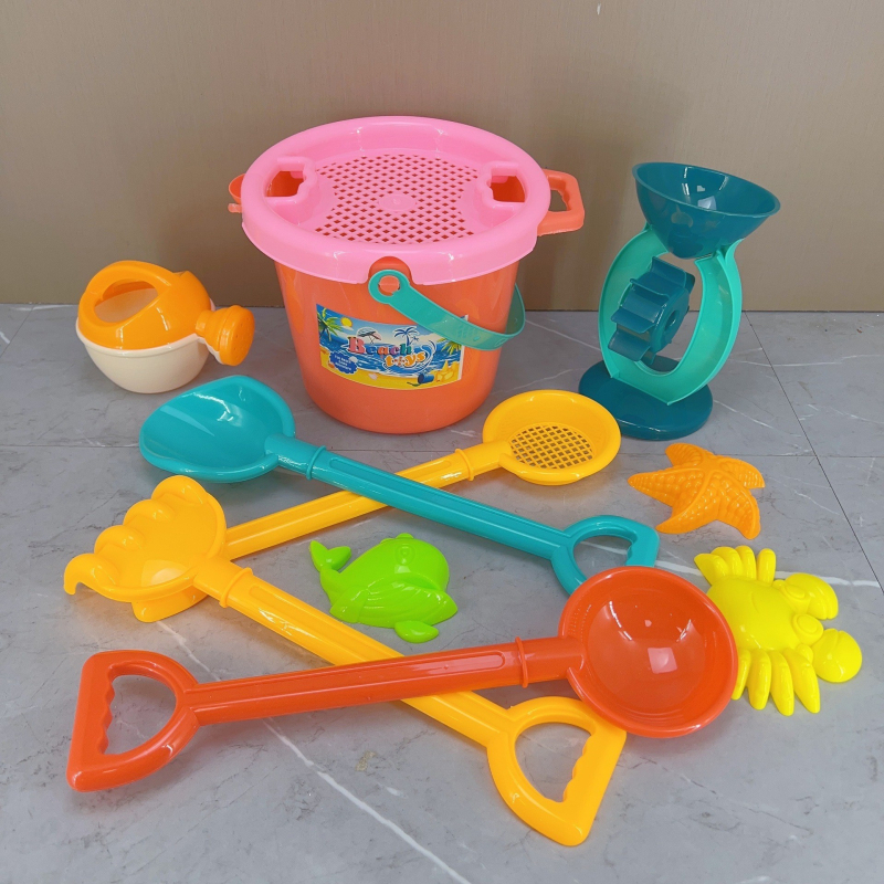 Gyerekeknek szóló tengerparti homokozó játék készlet, 11 darab, ásó- és homokozó eszközök, Szülő-gyerek játék; Anyag: PP; 4–6 éveseknek; Csomagolás: mesh táska