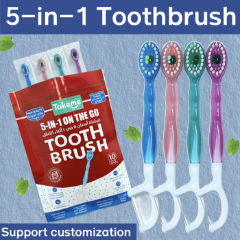 Οδοντόβουρτσα 5-σε-1 με burst-bead τεχνολογία, ενσωματωμένο οδοντικό νήμα και οδοντογλυφίδα, φορητή και ατομικά συσκευασμένη, απαλές τρίχες για ενήλικες