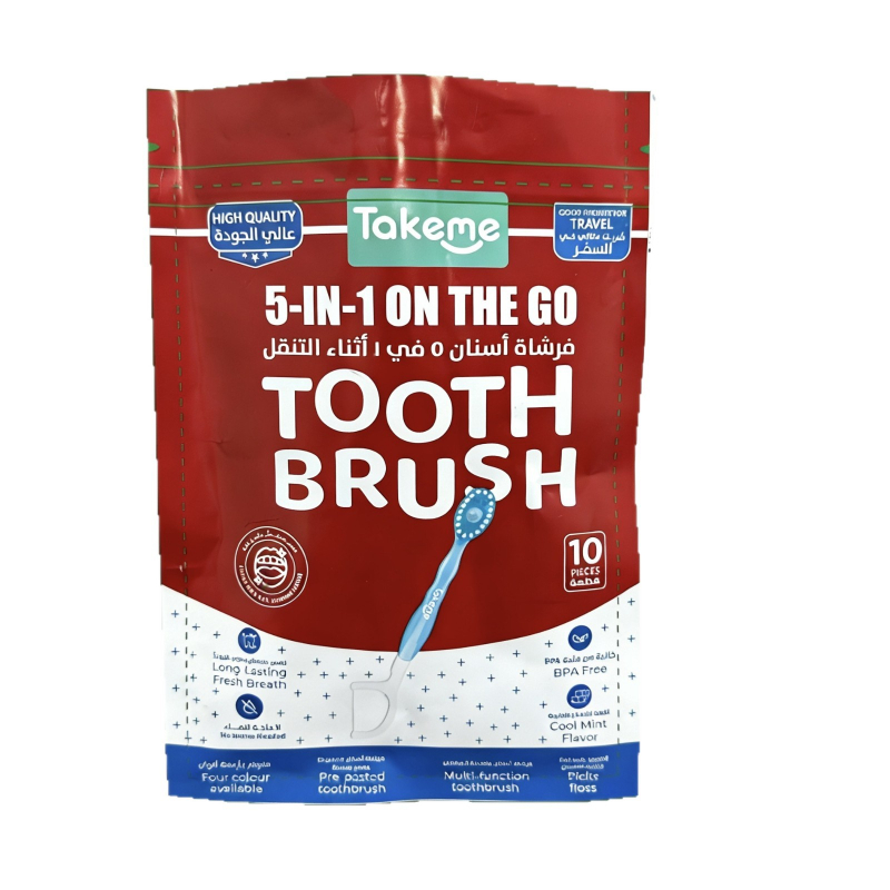 Οδοντόβουρτσα 5-σε-1 με burst-bead τεχνολογία, ενσωματωμένο οδοντικό νήμα και οδοντογλυφίδα, φορητή και ατομικά συσκευασμένη, απαλές τρίχες για ενήλικες