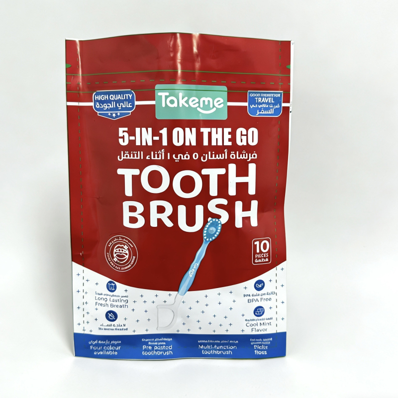 Οδοντόβουρτσα 5-σε-1 με burst-bead τεχνολογία, ενσωματωμένο οδοντικό νήμα και οδοντογλυφίδα, φορητή και ατομικά συσκευασμένη, απαλές τρίχες για ενήλικες