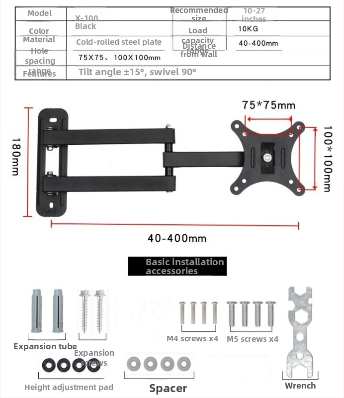 X100 nástenný držiak na TV/monitor – mechanické ovládanie, nosnosť do 5 kg, vhodný na stenu