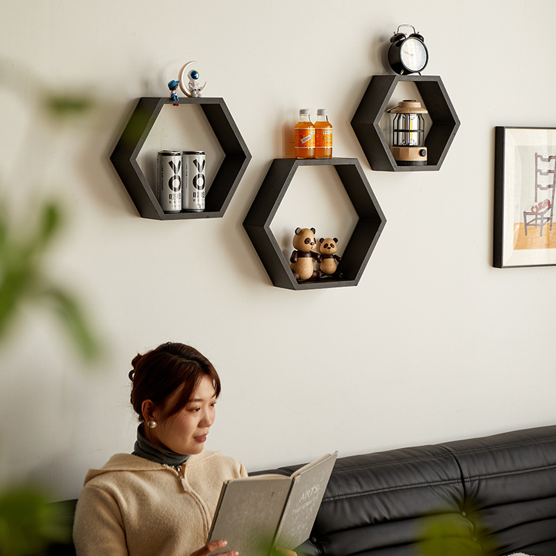 Hatszögletű falipolc bambuszból, 1-szintű, modern minimalist stílus, csavaros rögzítés, többfunkciós tároló