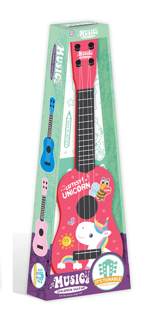 Drvena dječja ukulele-igračka, pakirana u šarenoj kutiji, model 123, za uzrast 14+ godina