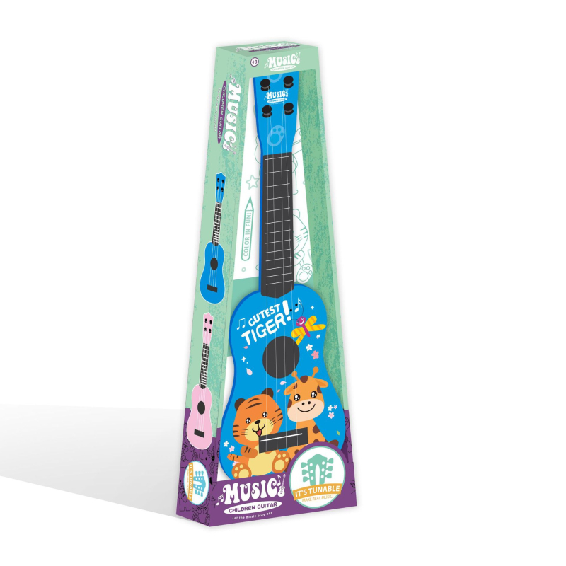 Drvena dječja ukulele-igračka, pakirana u šarenoj kutiji, model 123, za uzrast 14+ godina