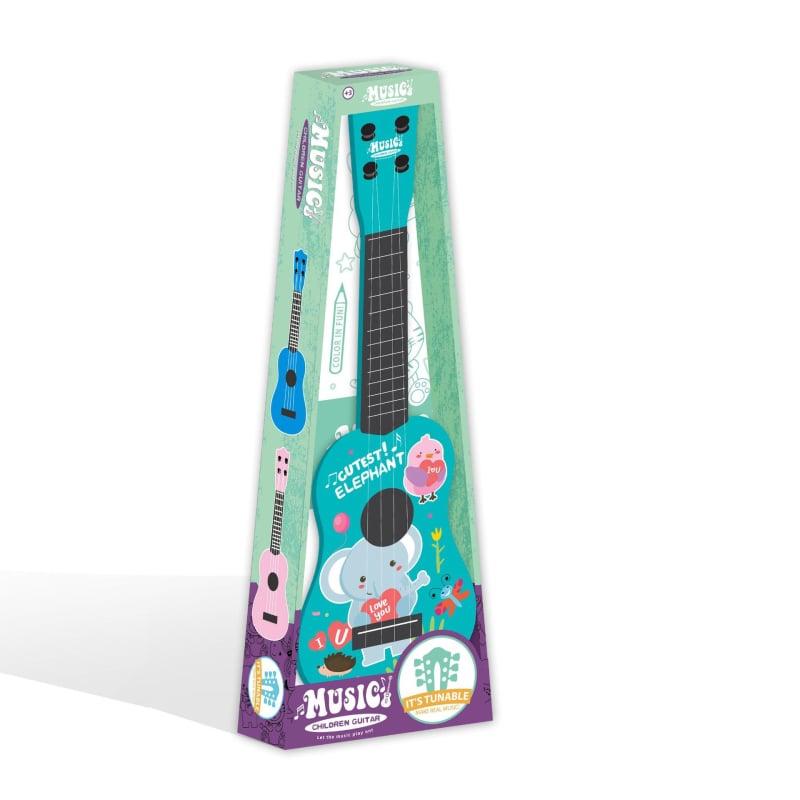 Drvena dječja ukulele-igračka, pakirana u šarenoj kutiji, model 123, za uzrast 14+ godina