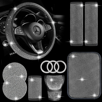 Set unutrašnjosti automobila s kristalima: navlaka ručice mjenjača s kristalima; navlaka volana s kristalima; podmetač za čaše s kristalima; jastučići za rameni kaiš (Brand: Further 2; Model: B000512; Materijal: PU)