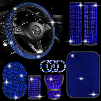 Set unutrašnjosti automobila s kristalima: navlaka ručice mjenjača s kristalima; navlaka volana s kristalima; podmetač za čaše s kristalima; jastučići za rameni kaiš (Brand: Further 2; Model: B000512; Materijal: PU)