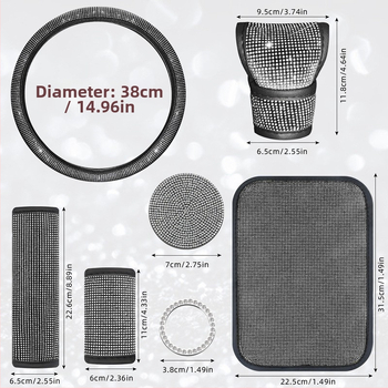 Set unutrašnjosti automobila s kristalima: navlaka ručice mjenjača s kristalima; navlaka volana s kristalima; podmetač za čaše s kristalima; jastučići za rameni kaiš (Brand: Further 2; Model: B000512; Materijal: PU)