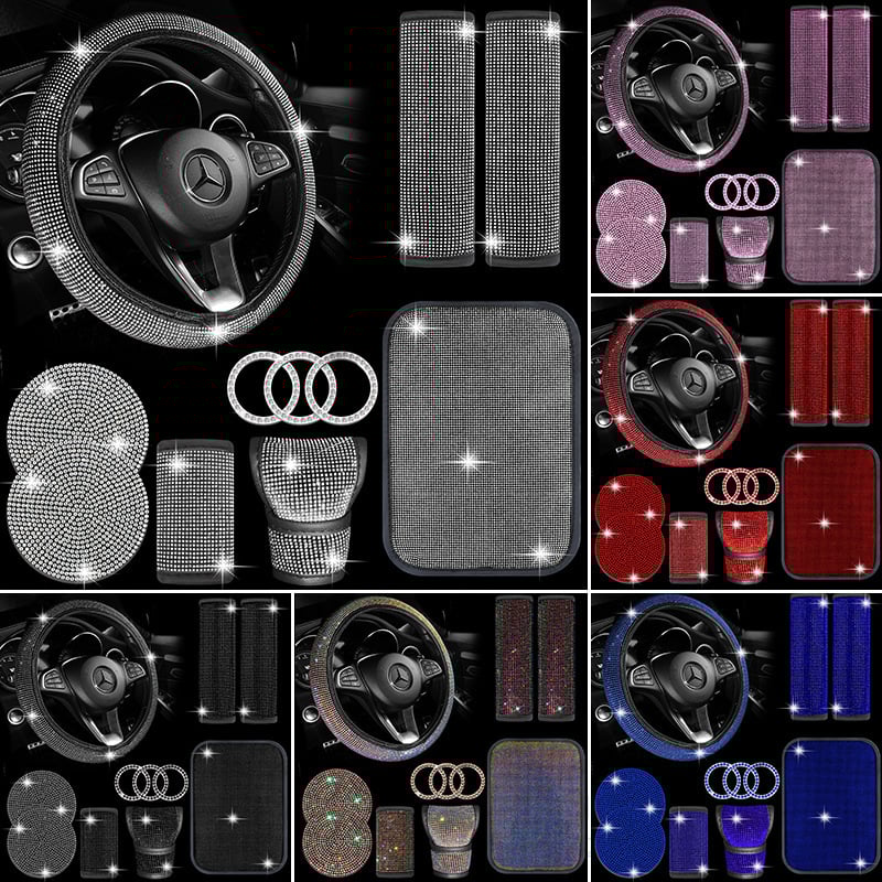 Set unutrašnjosti automobila s kristalima: navlaka ručice mjenjača s kristalima; navlaka volana s kristalima; podmetač za čaše s kristalima; jastučići za rameni kaiš (Brand: Further 2; Model: B000512; Materijal: PU)