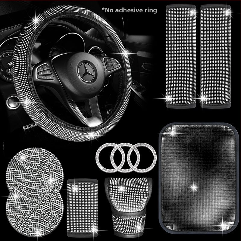 Set unutrašnjosti automobila s kristalima: navlaka ručice mjenjača s kristalima; navlaka volana s kristalima; podmetač za čaše s kristalima; jastučići za rameni kaiš (Brand: Further 2; Model: B000512; Materijal: PU)