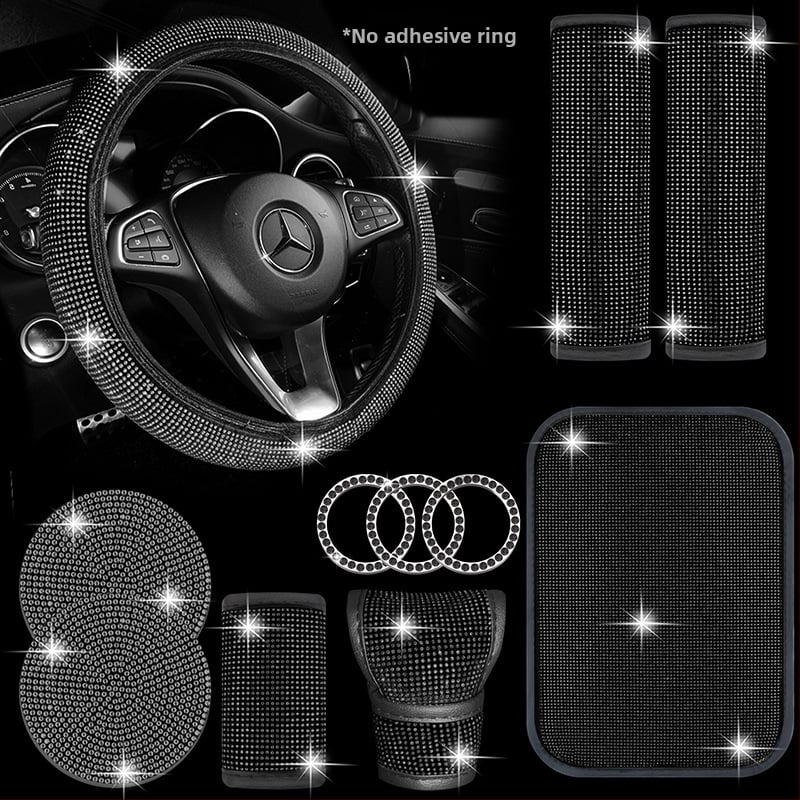 Set unutrašnjosti automobila s kristalima: navlaka ručice mjenjača s kristalima; navlaka volana s kristalima; podmetač za čaše s kristalima; jastučići za rameni kaiš (Brand: Further 2; Model: B000512; Materijal: PU)