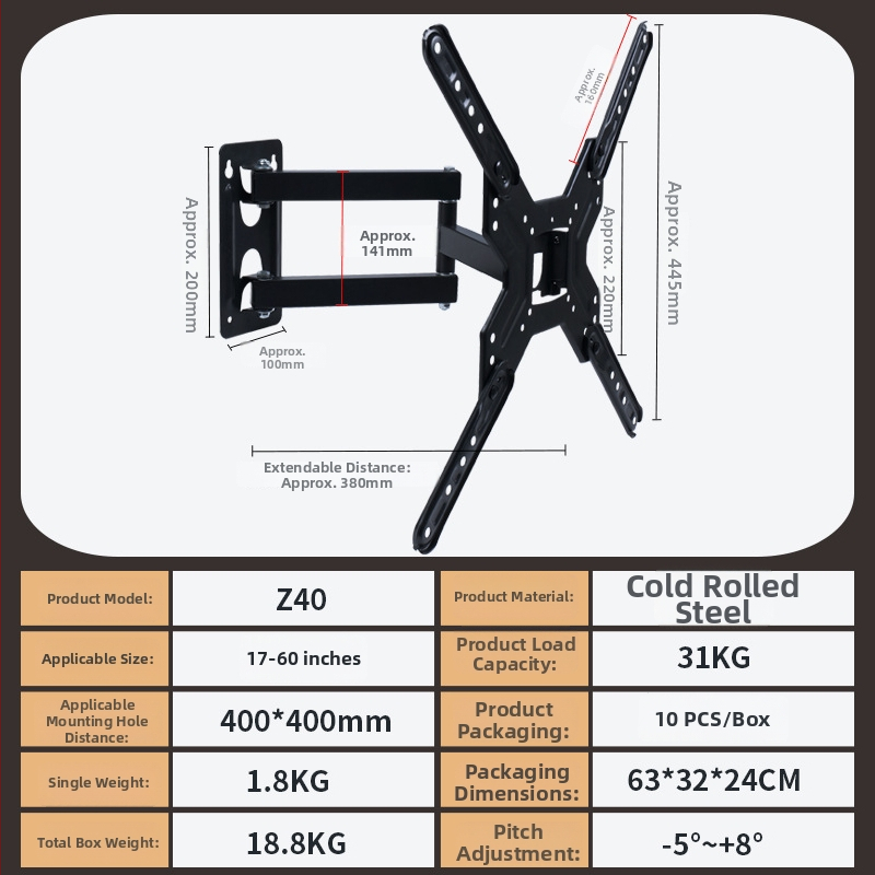 Teleskopický nástenný držiak na televízory/monitory, 180° výklon, model Z40, studená valcovaná oceľ