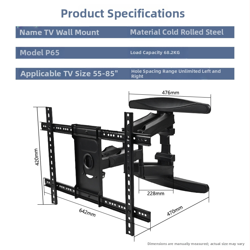 Univerzálny nástenný držiak na televízor, otáčací teleskopický ramen, vysúvateľný, z ocele za studena valcovanej