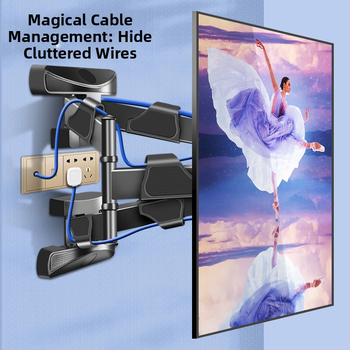 Šesťramenný otočný nástenný držiak na televíziu s 90° prechodom medzi horizontálnou a vertikálnou orientáciou; materiál: studená valcovaná oceľ + ABS.